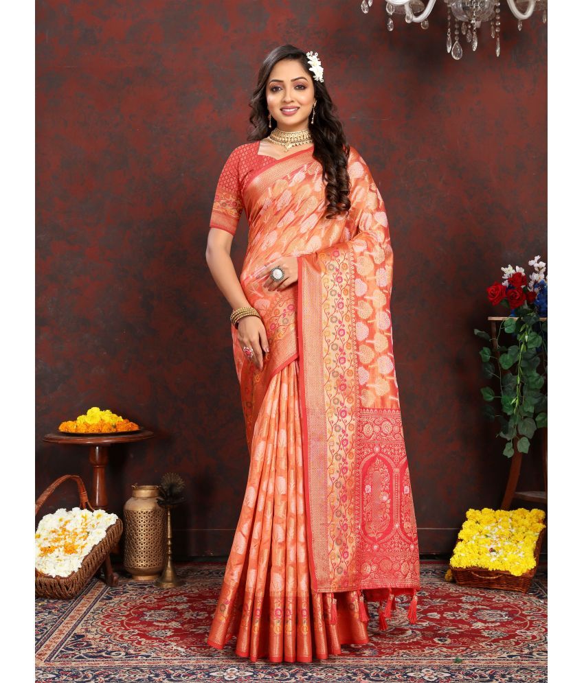     			ofline selection Organza Woven Saree With Blouse Piece - Orange ( Pack of 1 )