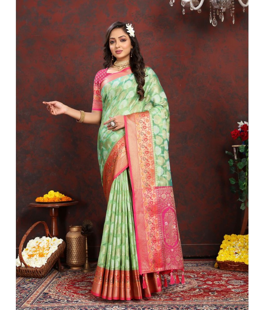     			ofline selection Organza Woven Saree With Blouse Piece - Light Green ( Pack of 1 )