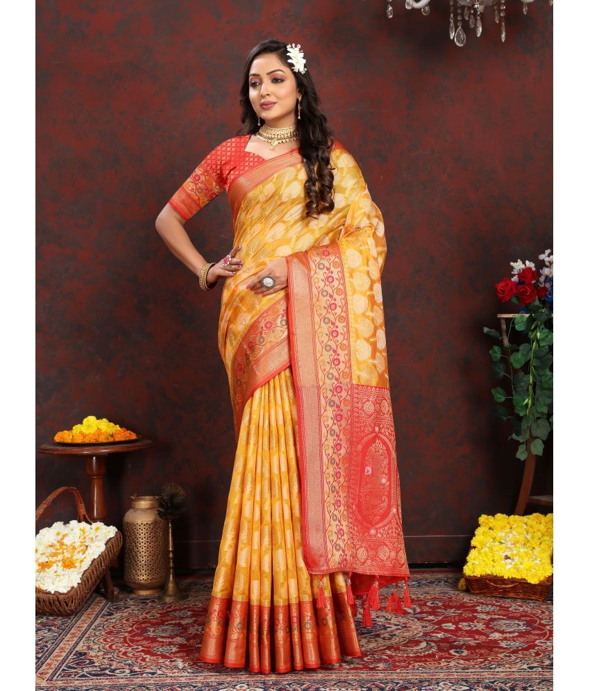     			ofline selection Organza Woven Saree With Blouse Piece - Yellow ( Pack of 1 )