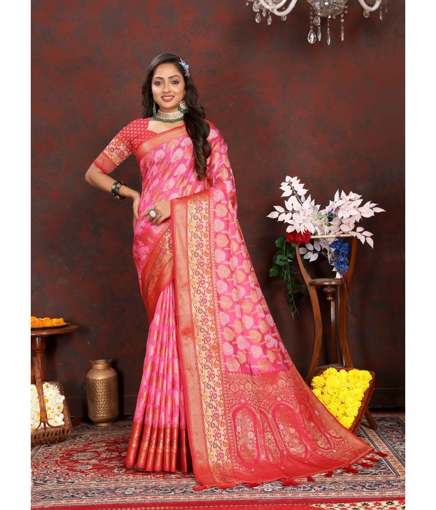     			ofline selection Organza Woven Saree With Blouse Piece - Peach ( Pack of 1 )