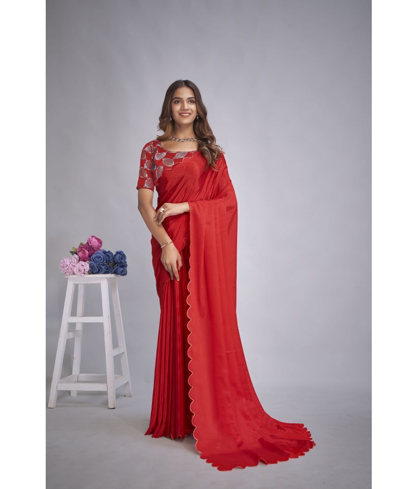     			Apnisha Chiffon Embellished Saree With Blouse Piece - Red ( Pack of 1 )