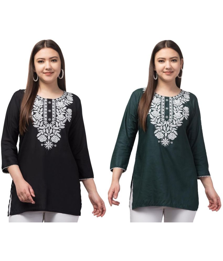     			Aura Glam Rayon Embroidered A-line Women's Kurti - Green & Black ( Pack of 2 )