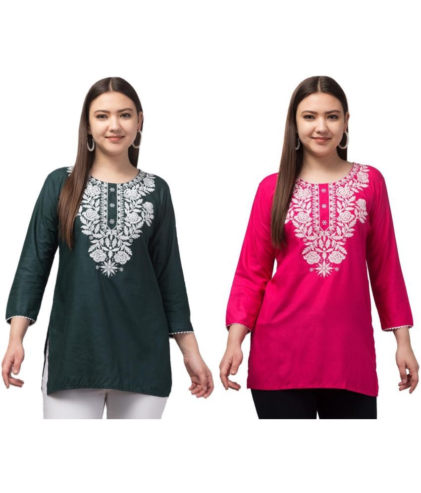     			Aura Glam Rayon Embroidered A-line Women's Kurti - Multicolor2 ( Pack of 2 )