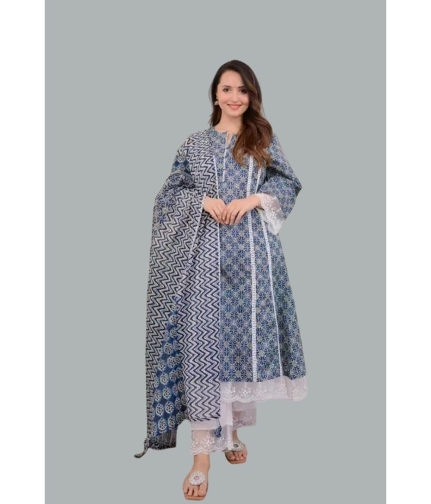     			HF WARD Cotton Printed Kurti With Pants Women's Stitched Salwar Suit - Blue ( Pack of 1 )