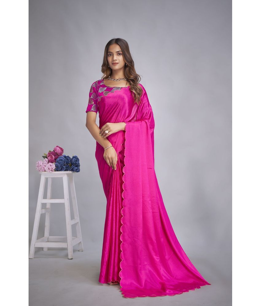     			JULEE Chiffon Embellished Saree With Blouse Piece - Fluorescent Pink ( Pack of 1 )