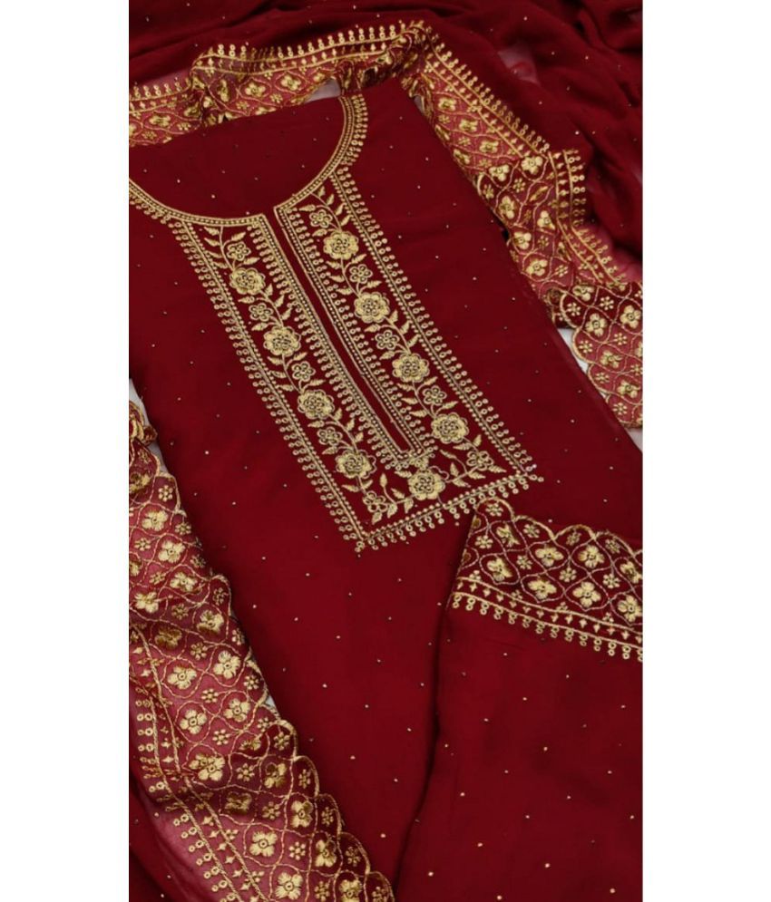     			JULEE Unstitched Georgette Embroidered Dress Material - Maroon ( Pack of 1 )