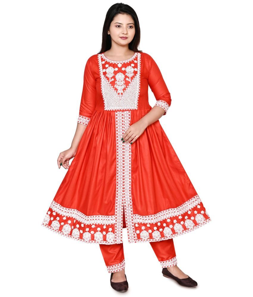     			New Collection Rayon Embroidered Anarkali Women's Kurti - Red ( Pack of 1 )