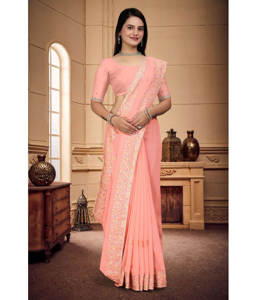     			Om Shantam Sarees Georgette Embroidered Saree With Blouse Piece - Peach ( Pack of 1 )