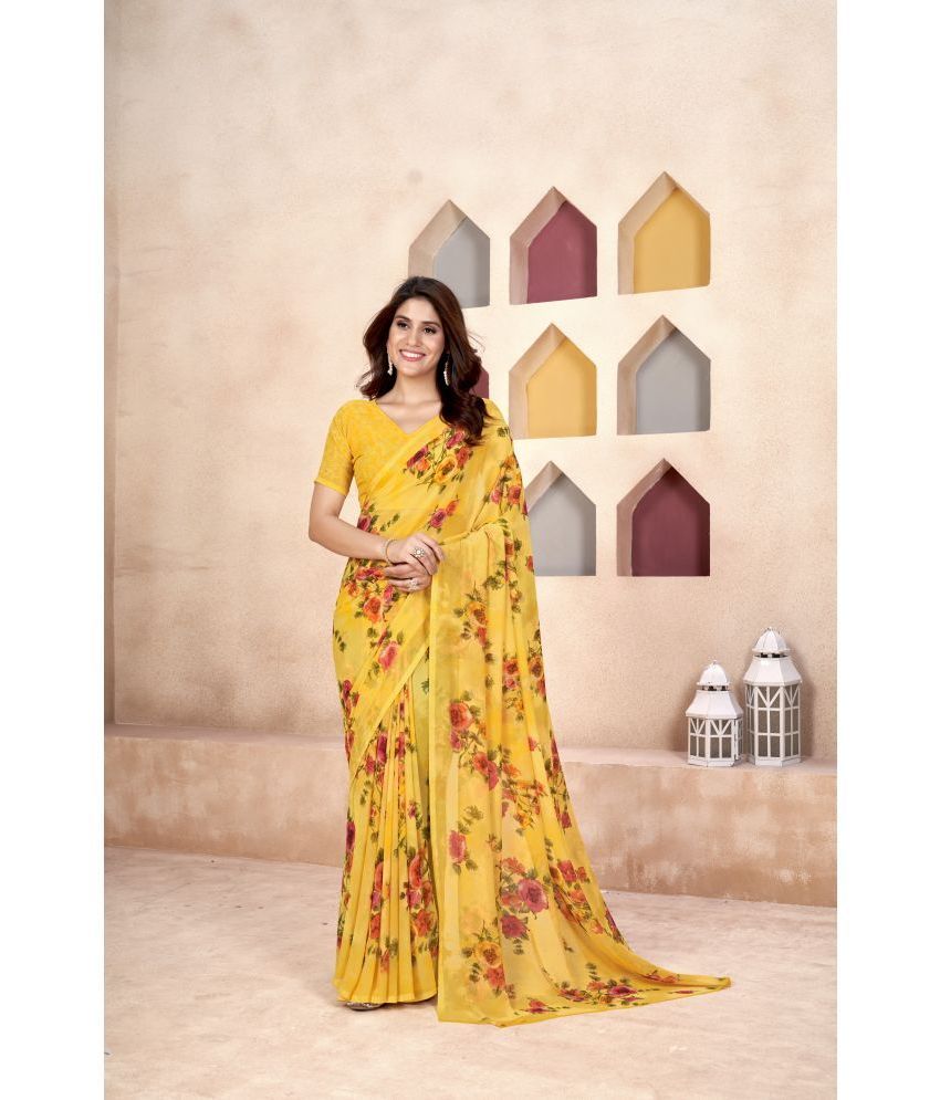     			Varni Fabrics Georgette Printed Saree With Blouse Piece - Yellow ( Pack of 1 )