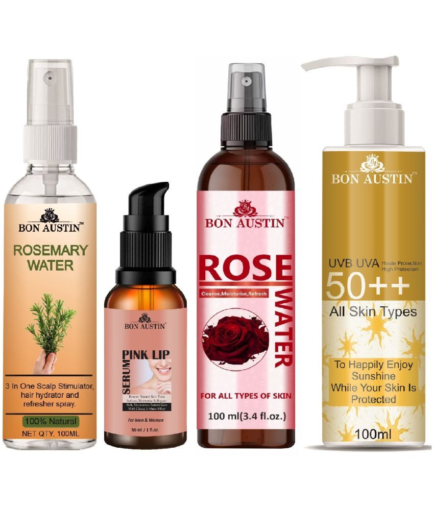     			Bon Austin Rosemary Water | Hair Spray For Regrowth | Hair Growth Expert 100ml, Pink Lip Serum 30ML, UVA & UVB Protection Sunscreen 100ml & Natural Rose Water 100ml - Set of 4 Items