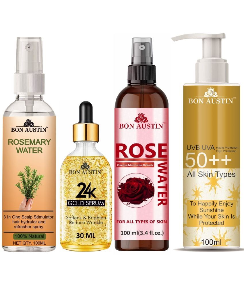     			Bon Austin Rosemary Water | Hair Spray For Regrowth | Hair Growth Expert 100ml, 24K Gold Face Serum 30ML, UVA & UVB Protection Sunscreen 100ml & Natural Rose Water 100ml - Set of 4 Items