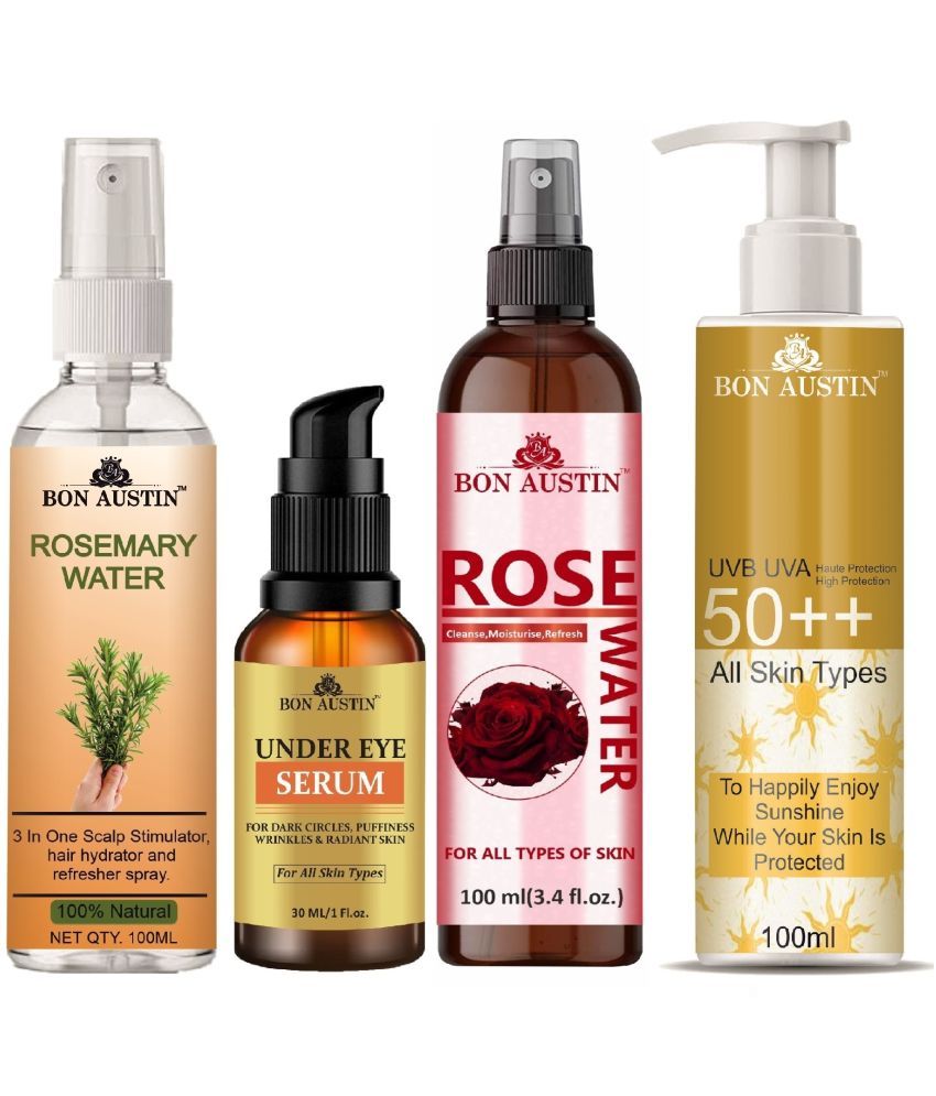     			Bon Austin Rosemary Water | Hair Spray For Regrowth | Hair Growth Expert 100ml, Under Eye Serum 30ML, UVA & UVB Protection Sunscreen 100ml & Natural Rose Water 100ml - Set of 4 Items