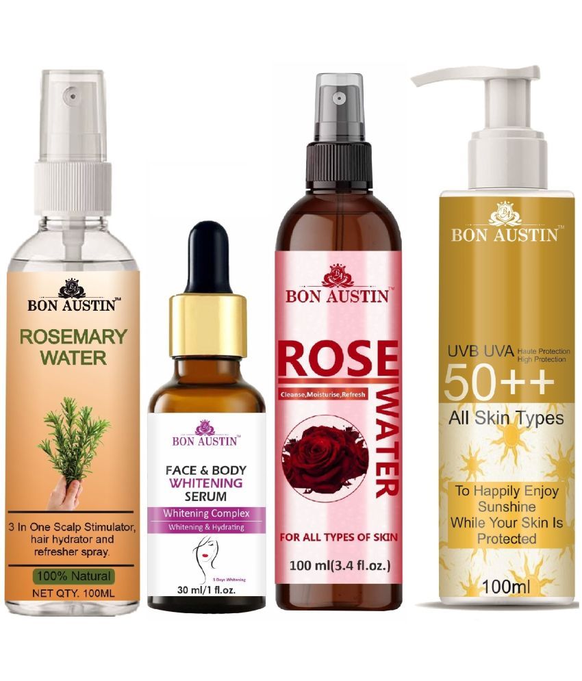     			Bon Austin Rosemary Water | Hair Spray For Regrowth | Hair Growth Expert 100ml, Face and Body Whitening Serum 30ML, UVA & UVB Protection Sunscreen 100ml & Natural Rose Water 100ml - Set of 4 Items