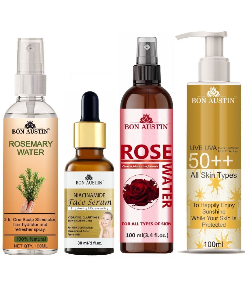     			Bon Austin Rosemary Water | Hair Spray For Regrowth | Hair Growth Expert 100ml, Niacindamide Face Serum 30ML, UVA & UVB Protection Sunscreen 100ml & Natural Rose Water 100ml - Set of 4 Items