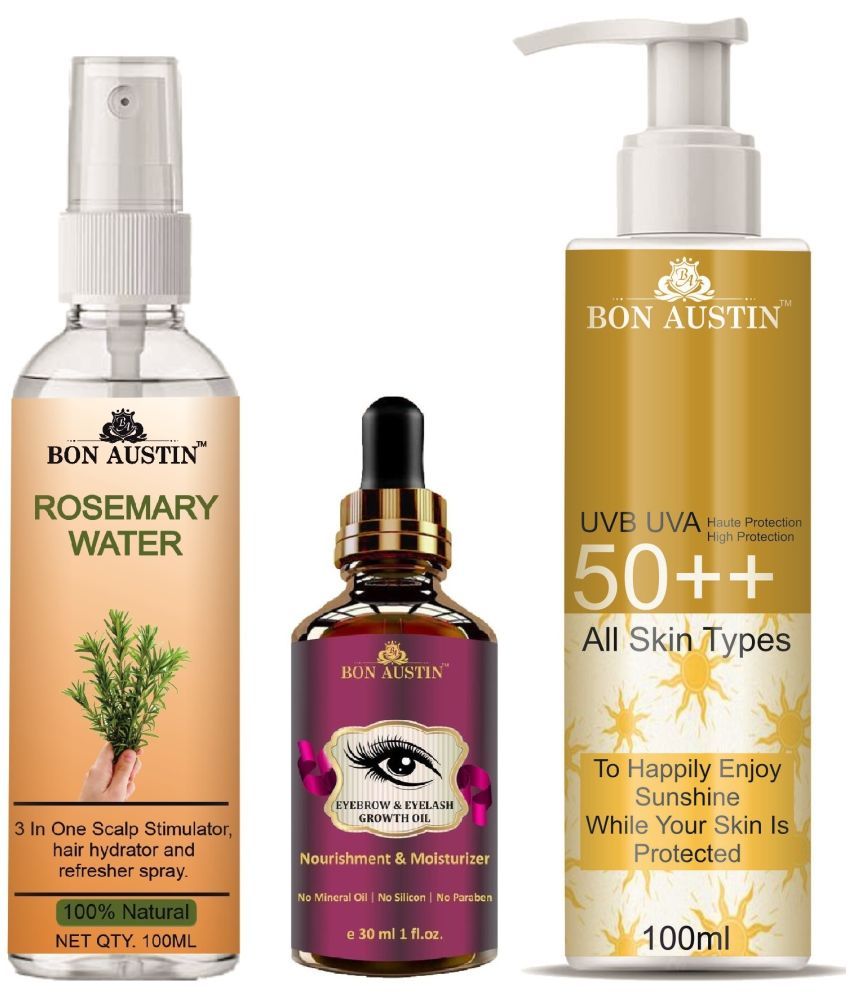     			Bon Austin Rosemary Water | Hair Spray For Regrowth | Hair Growth Expert 100ml, Eyebrow and Eyelash Growth Oil 30ML & UVA & UVB Protection Sunscreen 100ml  - Set of 3 Items