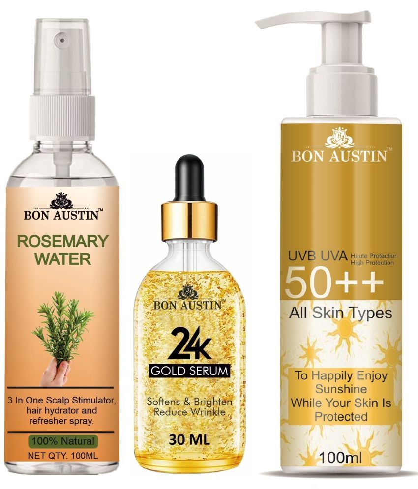     			Bon Austin Rosemary Water | Hair Spray For Regrowth | Hair Growth Expert 100ml, 24K Gold Face Serum 30ML & UVA & UVB Protection Sunscreen 100ml  - Set of 3 Items