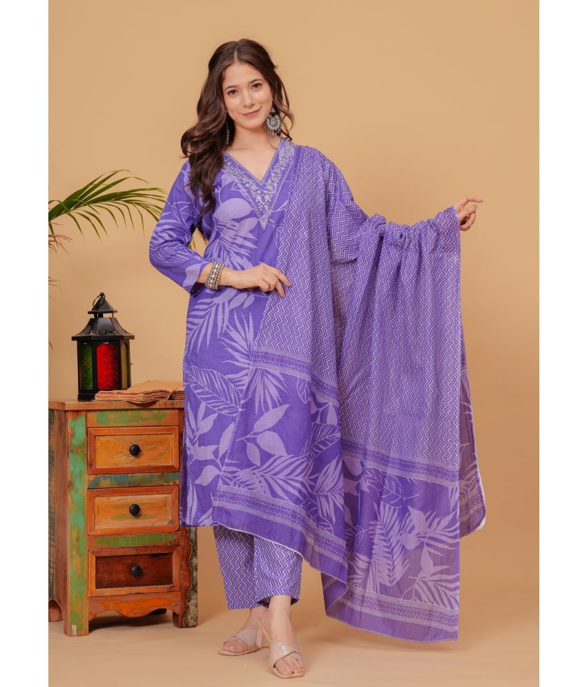     			Doriya Cotton Blend Printed Kurti With Pants Women's Stitched Salwar Suit - Purple ( Pack of 1 )