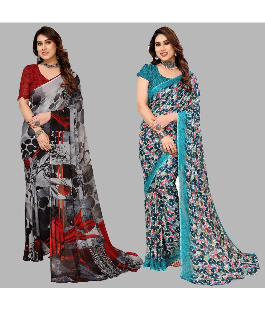     			Kashvi Sarees Georgette Printed Saree With Blouse Piece - Multicolour ( Pack of 2 )