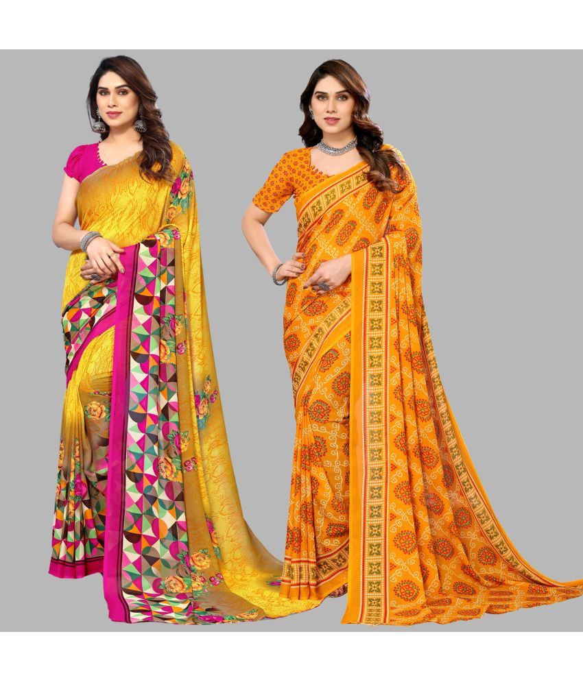     			Kashvi Sarees Georgette Printed Saree With Blouse Piece - Multicolour ( Pack of 2 )