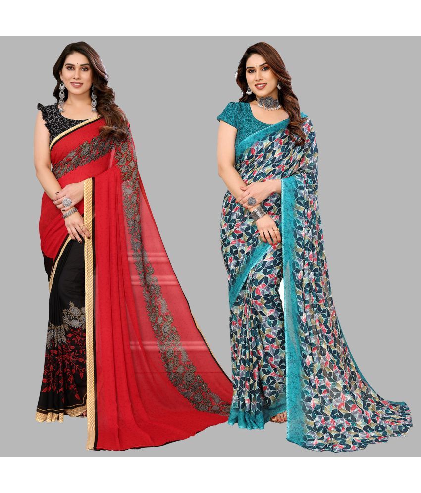     			Kashvi Sarees Georgette Printed Saree With Blouse Piece - Multicolour ( Pack of 2 )