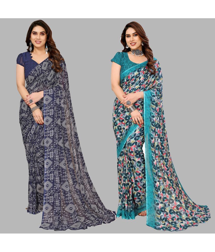     			Kashvi Sarees Georgette Printed Saree With Blouse Piece - Multicolour ( Pack of 2 )