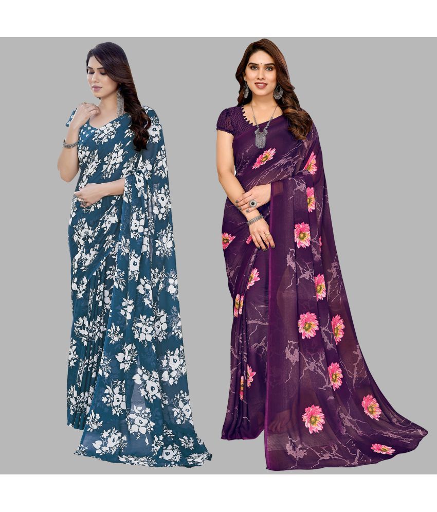     			Kashvi Sarees Georgette Printed Saree With Blouse Piece - Multicolour ( Pack of 2 )