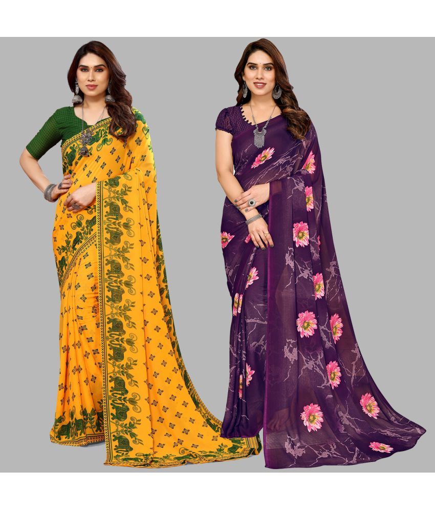     			Kashvi Sarees Georgette Printed Saree With Blouse Piece - Multicolour ( Pack of 2 )