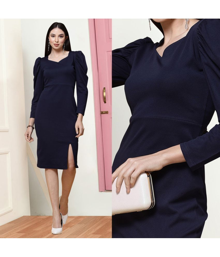     			MISS AYSE Cotton Blend Solid Knee length Women's Fit & Flare Dress - Navy Blue ( Pack of 1 )