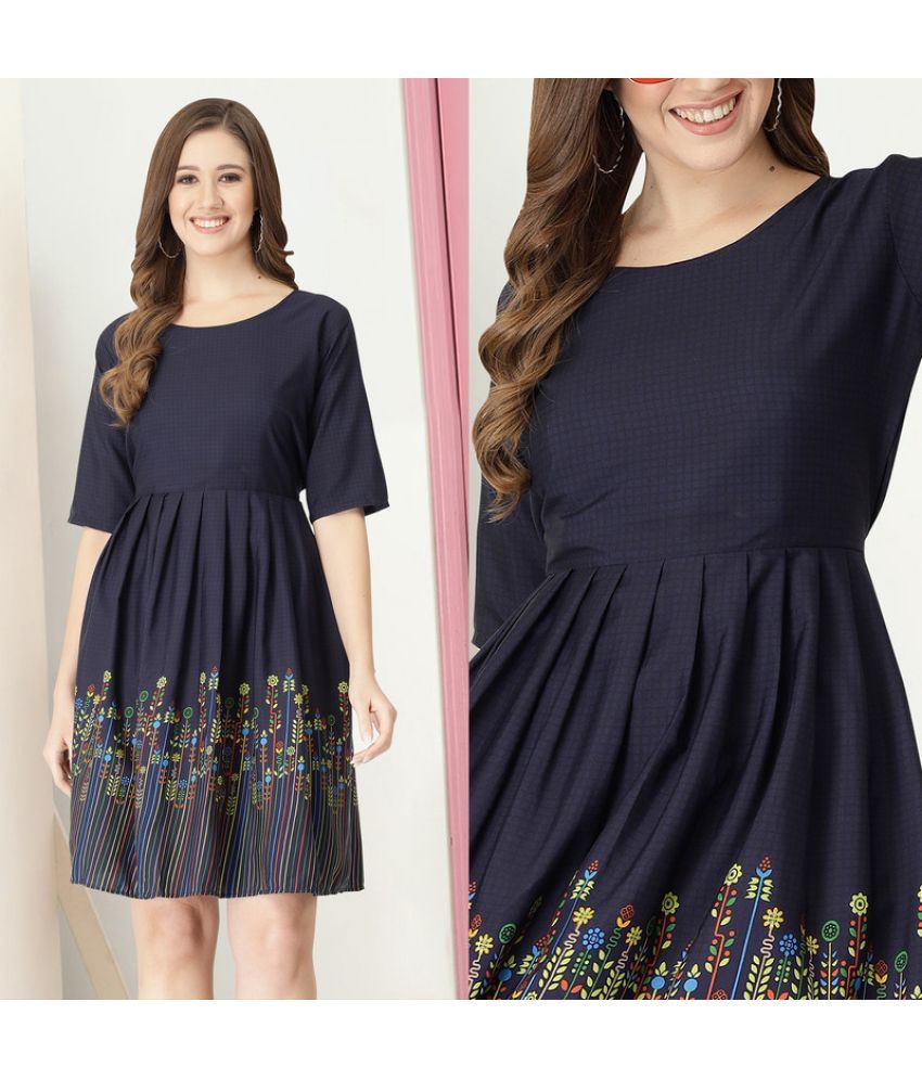     			MISS AYSE Crepe Printed Knee length Women's Fit & Flare Dress - Navy Blue ( Pack of 1 )