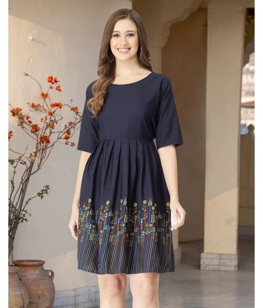     			MISS AYSE Crepe Printed Knee length Women's Fit & Flare Dress - Navy Blue ( Pack of 1 )