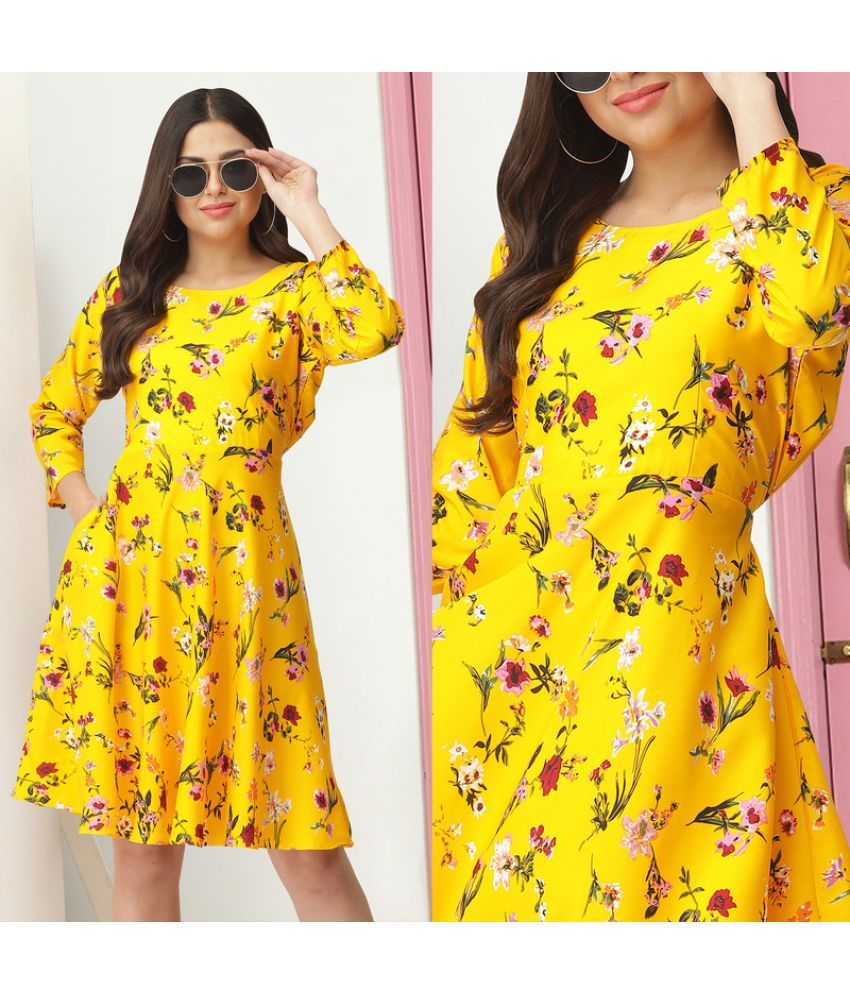     			MISS AYSE Crepe Printed Knee length Women's Fit & Flare Dress - Yellow ( Pack of 1 )