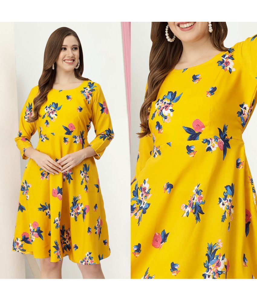     			MISS AYSE Crepe Printed Knee length Women's Fit & Flare Dress - Yellow ( Pack of 1 )