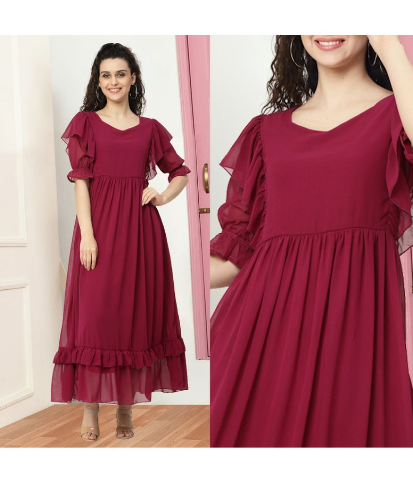     			MISS AYSE Georgette Solid Full Length Women's Fit & Flare Dress - Maroon ( Pack of 1 )