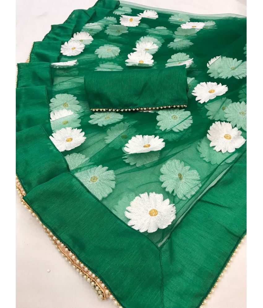     			Poshvariety Net Self Design Saree With Blouse Piece - Green ( Pack of 1 )