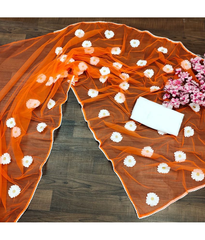     			Poshvariety Net Self Design Saree With Blouse Piece - Orange ( Pack of 1 )