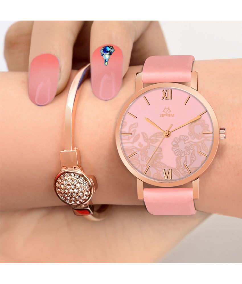     			Septem Pink Leather Analog Womens Watch