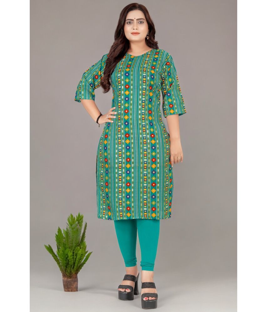     			AMTHI Cotton Blend Printed Straight Women's Kurti - Green ( Pack of 1 )