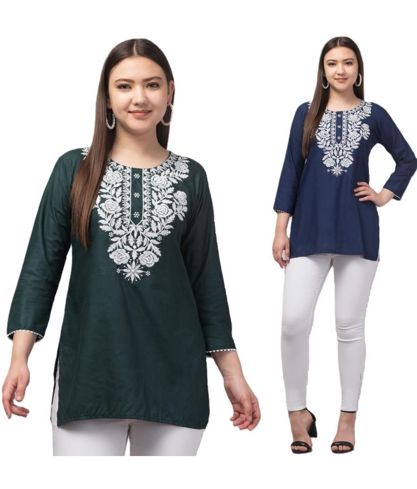     			Aura Glam Rayon Embroidered A-line Women's Kurti - Green & Blue ( Pack of 2 )