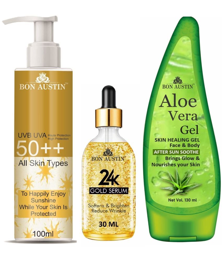     			Bon Austin Broad Spectrum SPF 50++ Sunscreen 100ML, 24K Gold Serum 30ML & Multipurpose Aloe Vera Gel 130ml - Combo of 3