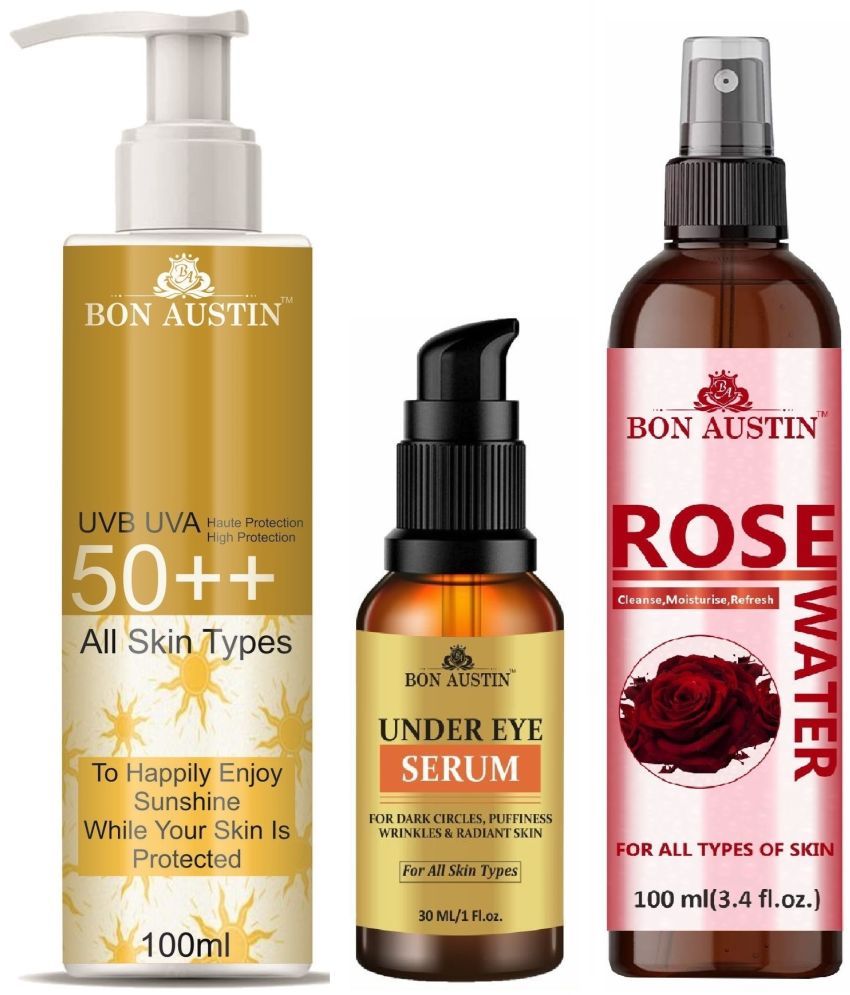     			Bon Austin Broad Spectrum SPF 50++ Sunscreen 100ML, Under Eye Serum-Dark Circle Remover 30ML & Natural Rose Water 100ml - Combo of 3