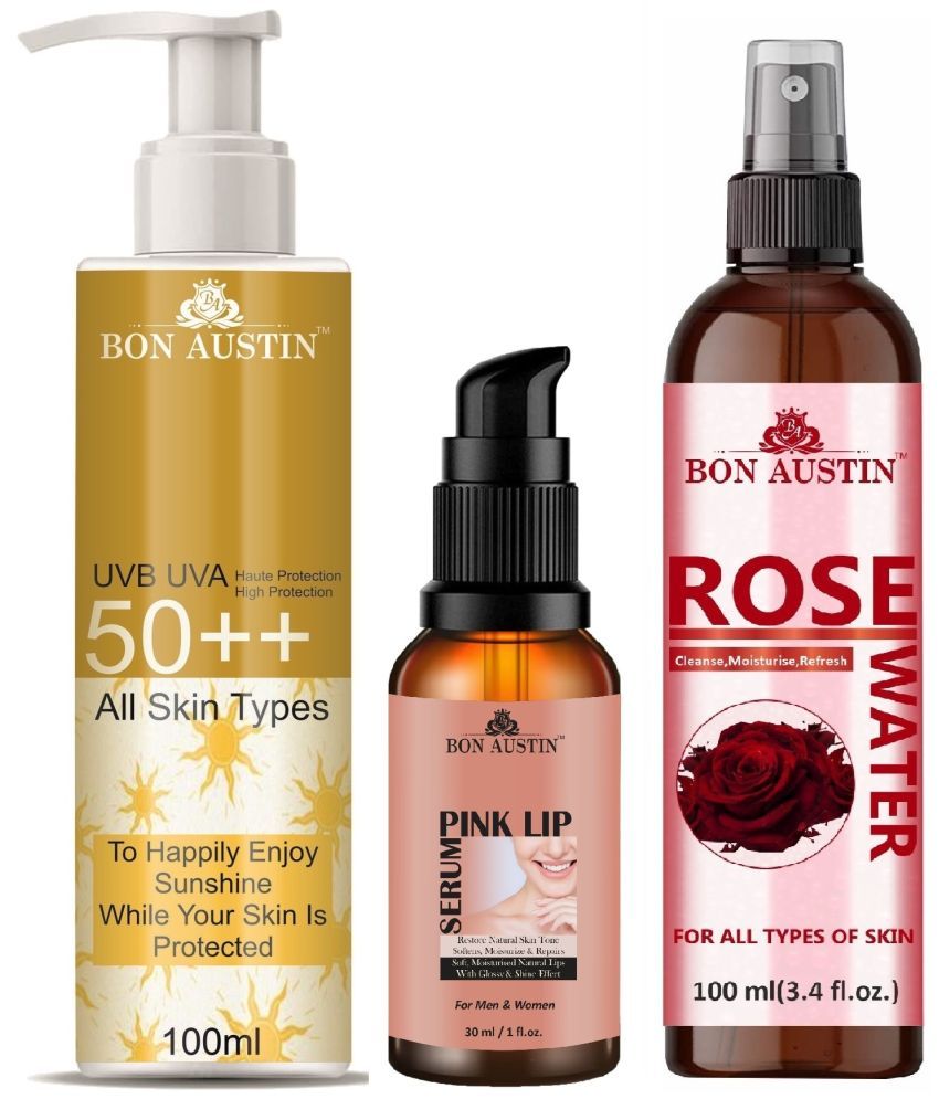     			Bon Austin Broad Spectrum SPF 50++ Sunscreen 100ML, Pink Lip Serum - Restore Natural Lips 30ML & Natural Rose Water 100ml - Combo of 3