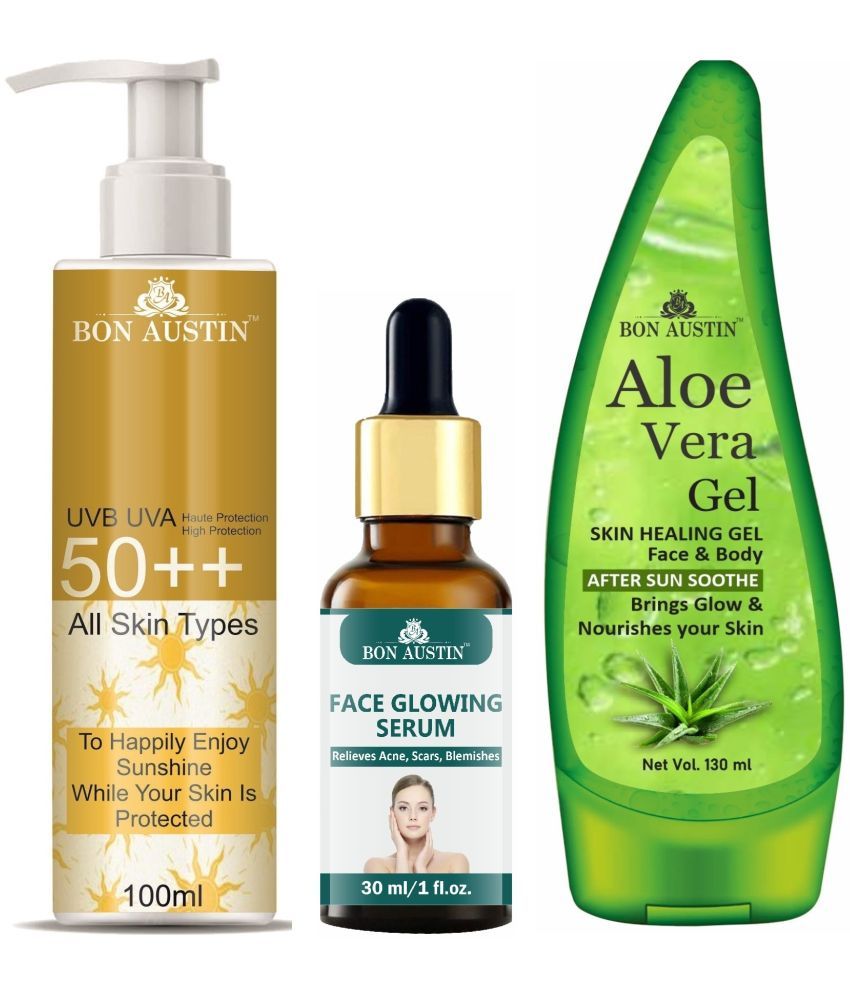     			Bon Austin Broad Spectrum SPF 50++ Sunscreen 100ML, Face Glowing Serum 30ML & Multipurpose Aloe Vera Gel 130ml - Combo of 3