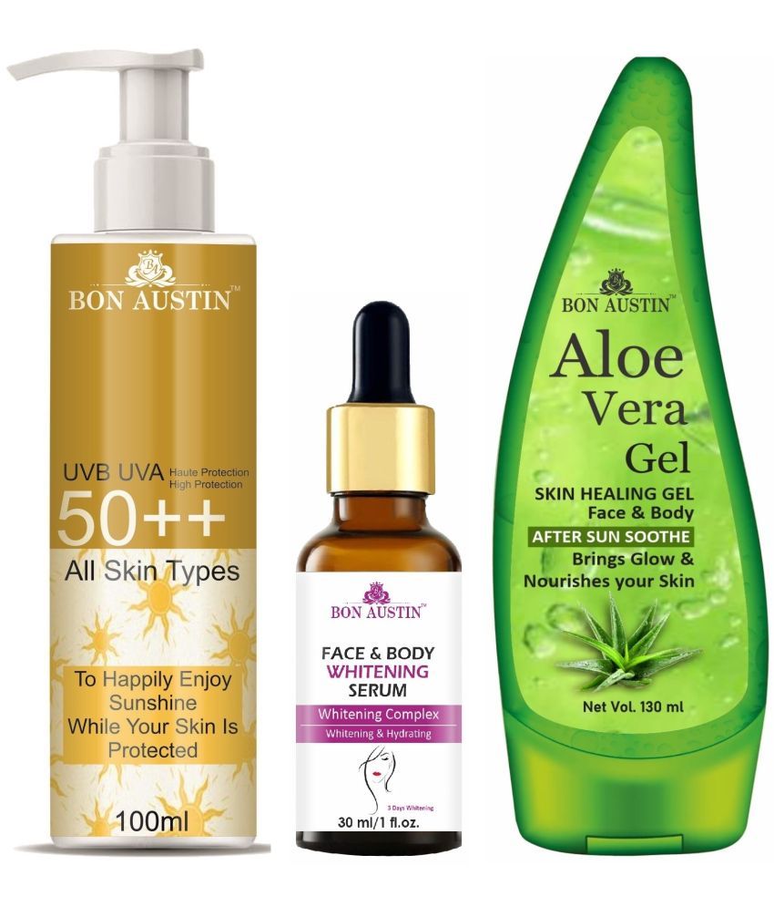     			Bon Austin Broad Spectrum SPF 50++ Sunscreen 100ML, Face and Body Whitening Serum 30ML & Multipurpose Aloe Vera Gel 130ml - Combo of 3