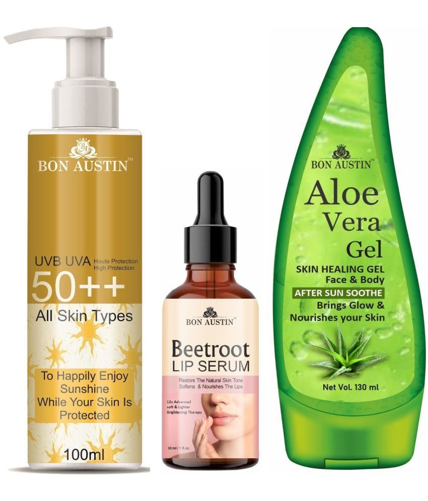     			Bon Austin Broad Spectrum SPF 50++ Sunscreen 100ML, Beetroot Lip Serum 30ML & Multipurpose Aloe Vera Gel 130ml - Combo of 3