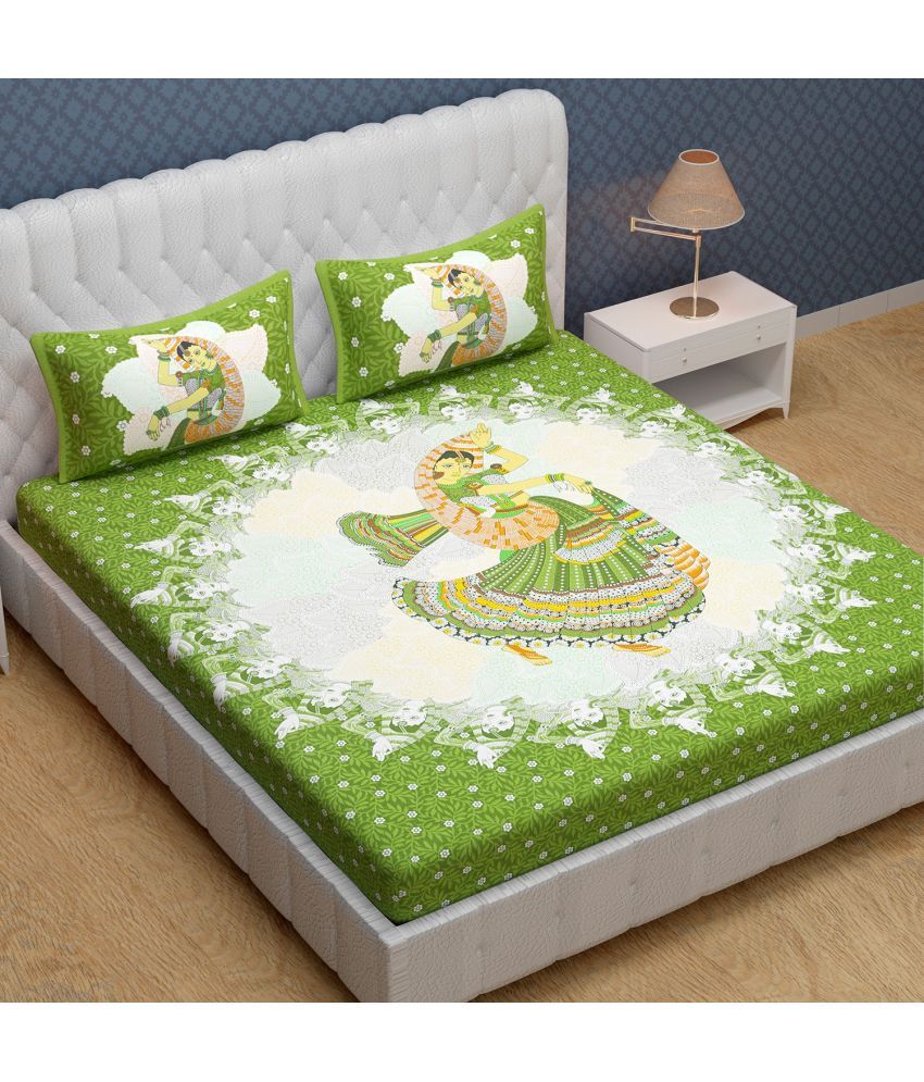     			Cosito Cotton Ethnic 1 Double Bedsheet with 2 Pillow Covers - Green