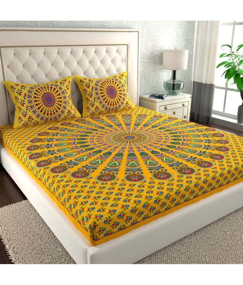     			Cosito Cotton Ethnic 1 Double Bedsheet with 2 Pillow Covers - Yellow