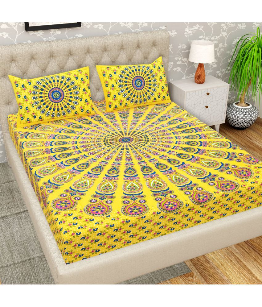     			Cosito Cotton Ethnic 1 Double Bedsheet with 2 Pillow Covers - Yellow