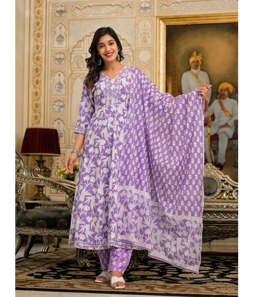     			Juniper Rayon Printed Kurti With Pants Women's Stitched Salwar Suit - Lavender ( Pack of 1 )