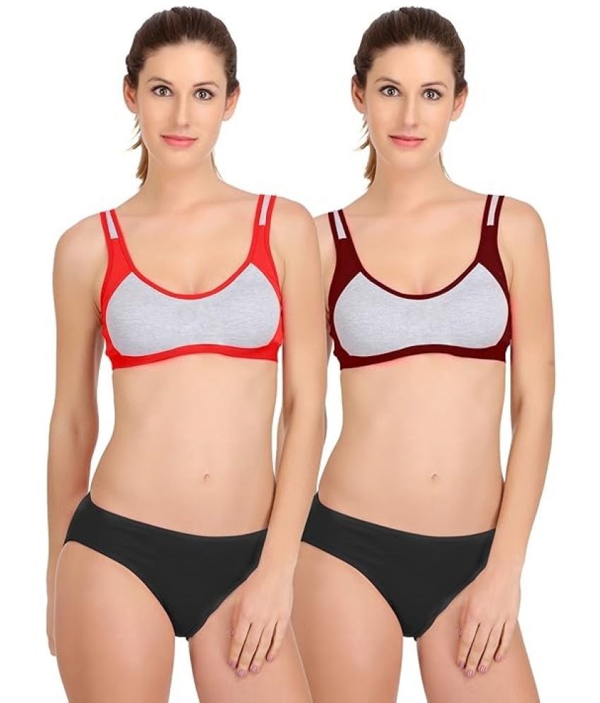     			Kiran Enterprises Red,Maroon Cotton Women's Bra & Panty Set ( Pack of 2 )