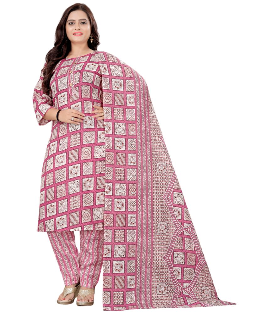     			Krihani Cotton Blend Printed Kurti With Pants Women's Stitched Salwar Suit - Pink ( Pack of 1 )